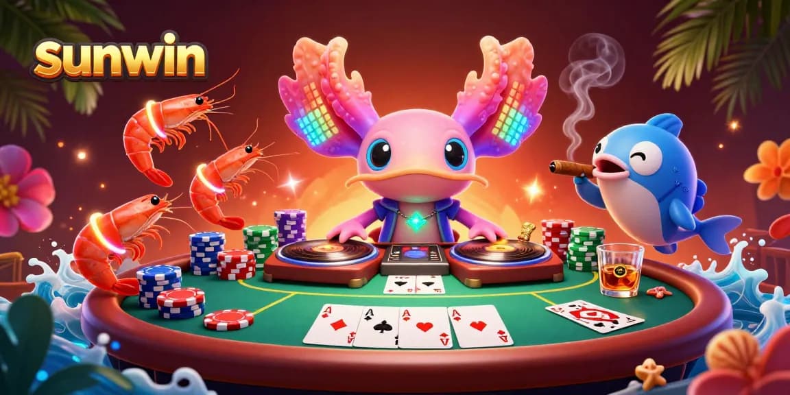 Experience the excitement of sunwin with a vibrant casino illustration featuring a dancing DJ axolotl.