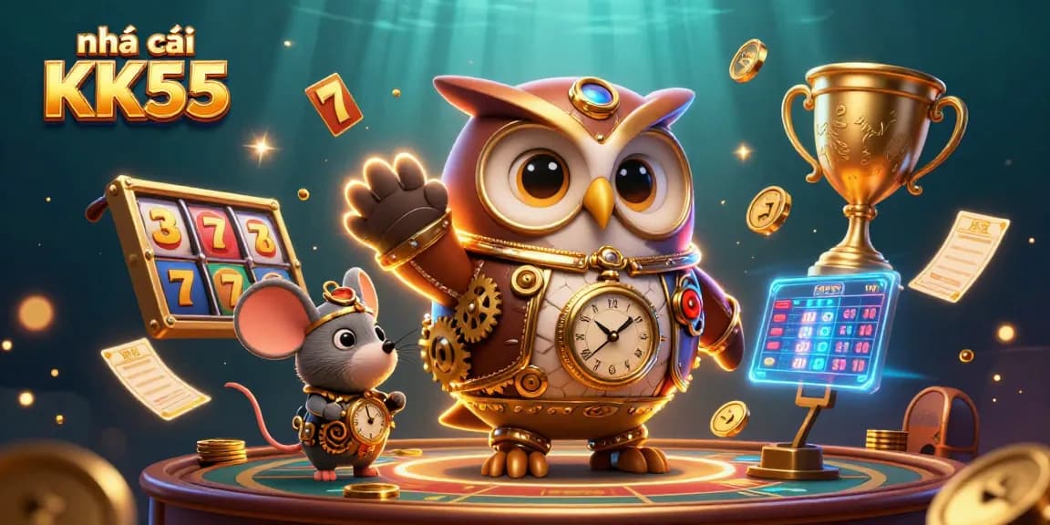 Engage with the immersive world of nhà cái KK55, illustrated with vibrant casino elements and action-packed visuals.