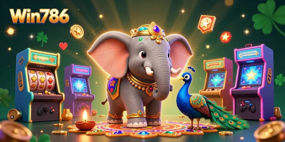 Win786 features an engaging casino-themed scene with ornate Diwali elephant and gaming elements.