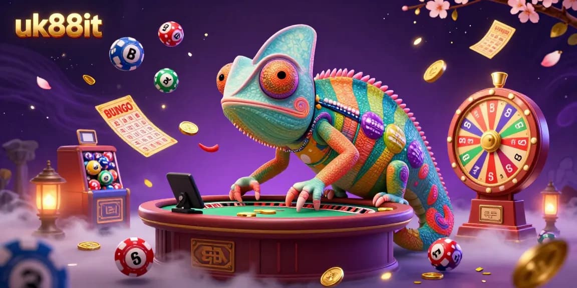 Experience thrilling gaming with uk88it as colorful lottery elements leap around a vibrant casino scene.