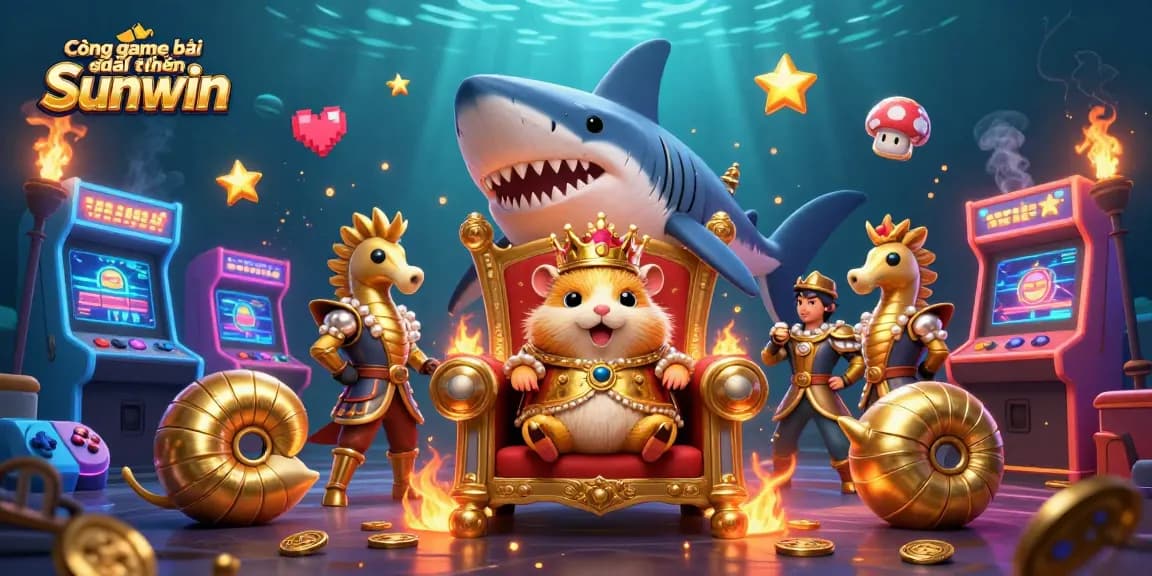 Cổng game bài đổi thưởng Sunwin showcases vibrant 3D gaming elements with a royal hamster king and seahorse guards in a dynamic underwater scene.