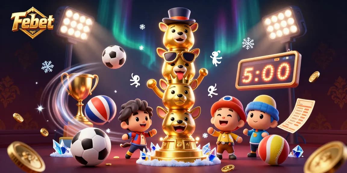 Engage with Febet's thrilling casino experience featuring a vibrant 3D golden totem and dynamic sports elements.