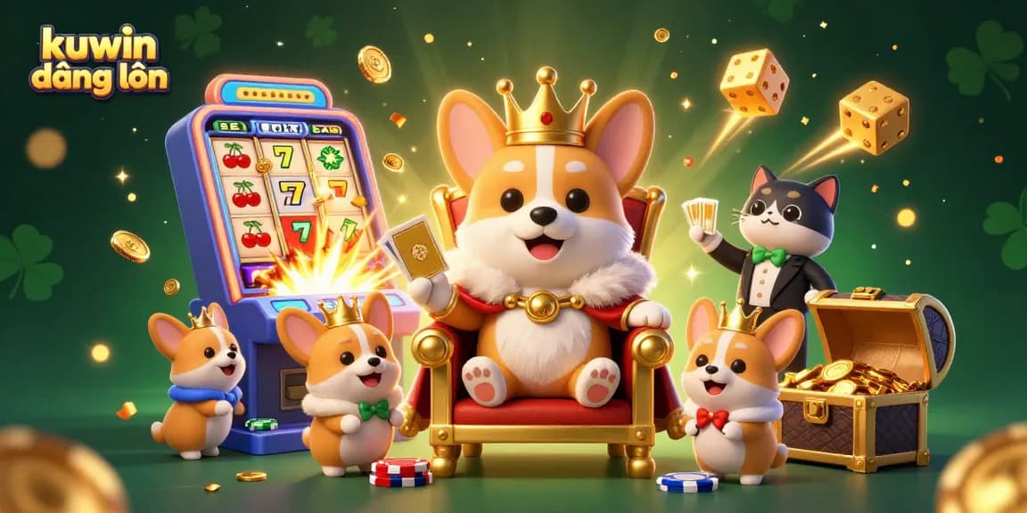 Experience winning excitement with kuwin đăng nhập, featuring a royal corgi on a throne surrounded by vibrant casino elements.