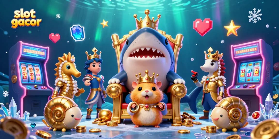 Experience thrill with slot gacor in a vibrant 3D casino scene, featuring a hamster king and gaming elements.