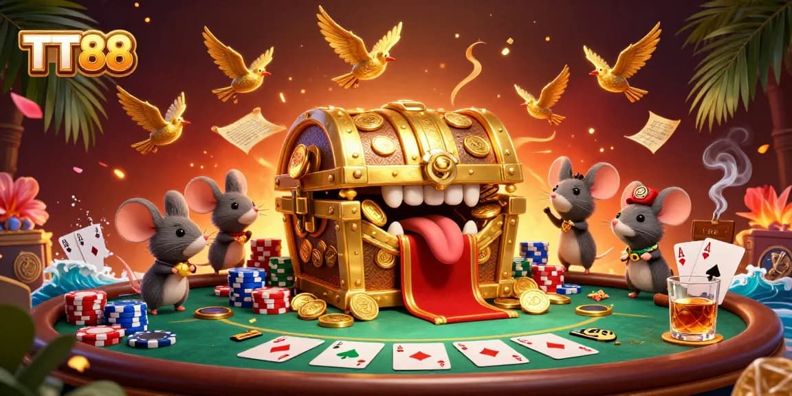 Experience thrilling gameplay at TT88 with vibrant gambling elements and an adventurous golden treasure chest.