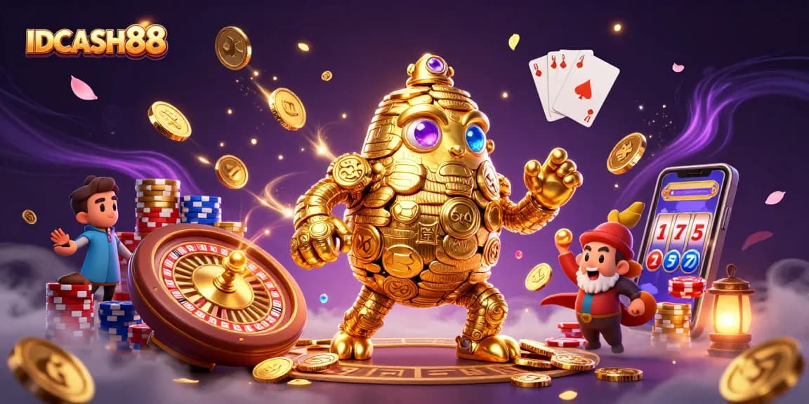 IDCASH88 players engaging with a vibrant 3D casino scene featuring a golden golem and dynamic game elements