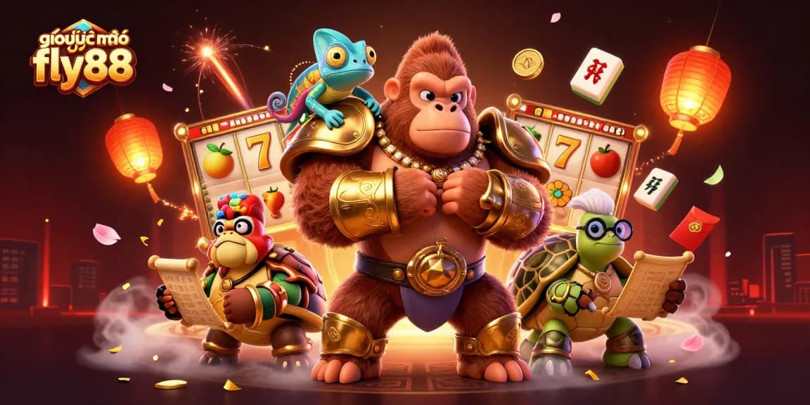Engaging scene of giải mã giấc mơ fly88 showcasing a powerful gorilla king, chameleon companion, and a wise tortoise amidst vibrant casino elements.
