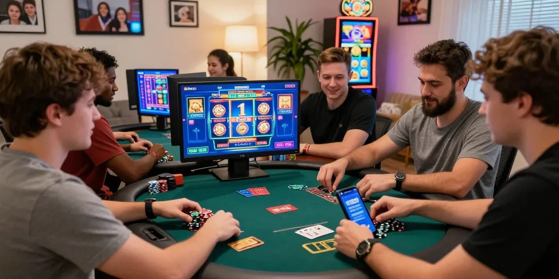 Players enjoying credit card casinos with poker chips and games in a lively home setting.