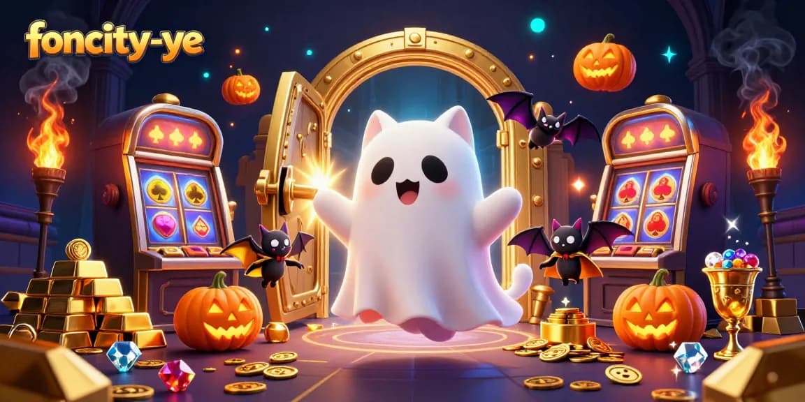 Experience foncity-ye's vibrant haunted casino scene with a ghost cat and treasures galore.
