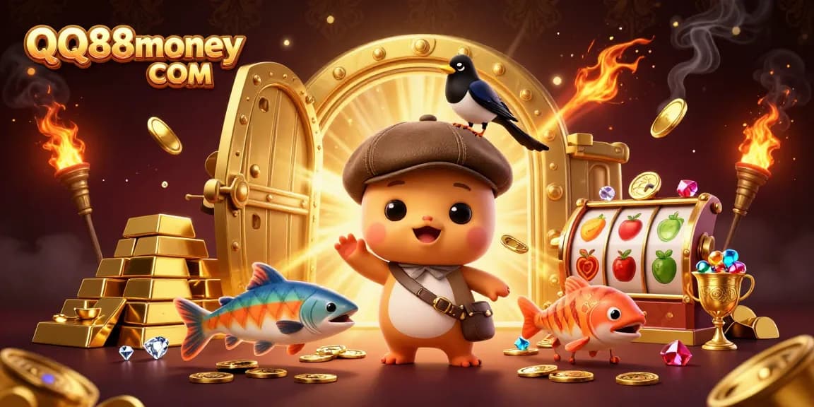 Engage with thrilling gameplay at QQ88money COM, featuring a dynamic casino scene with cartoon characters and treasures.