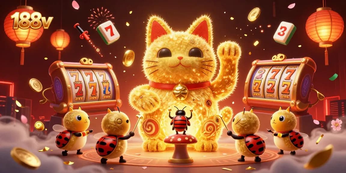 Experience the excitement of 188v casino games with our vibrant lucky cat illustration.