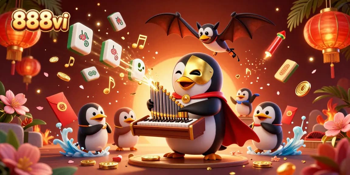 Experience the vibrant world of 888vi with cartoon penguin and golden musical elements.