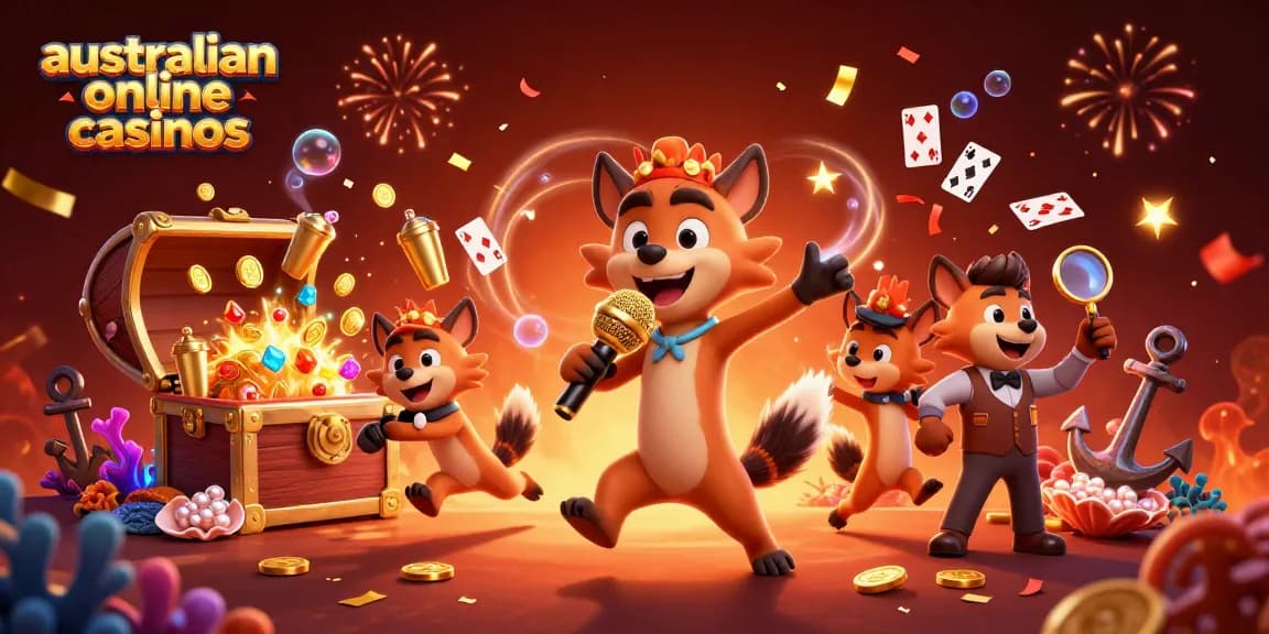 Hyenas run a comedy club in vibrant Australian online casinos scene with gold coins and celebratory effects.