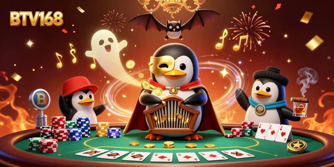 BTV168 captivates players with a captivating casino scene featuring the phantom penguin at the poker table, exuding excitement.