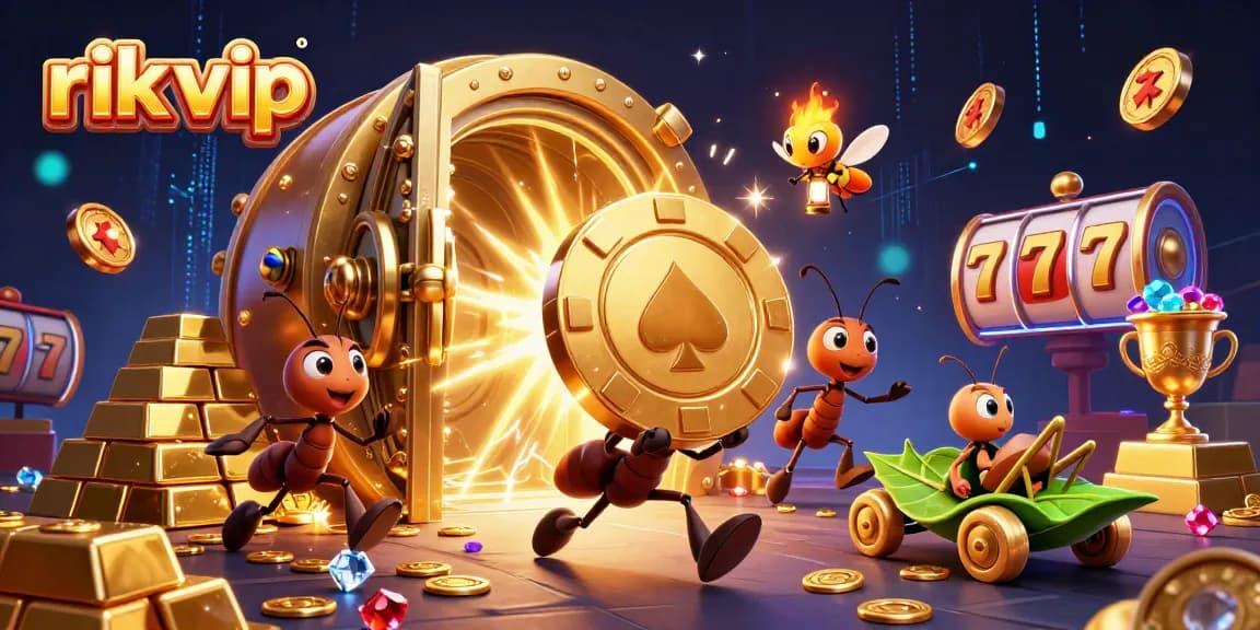 Engage with the rik vip adventure as ants carry a giant poker chip through a vibrant casino tunnel.