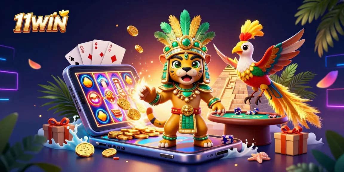 Engage with 11WIN's vibrant casino scene featuring a Mayan priest, slot games, and rich gaming elements.