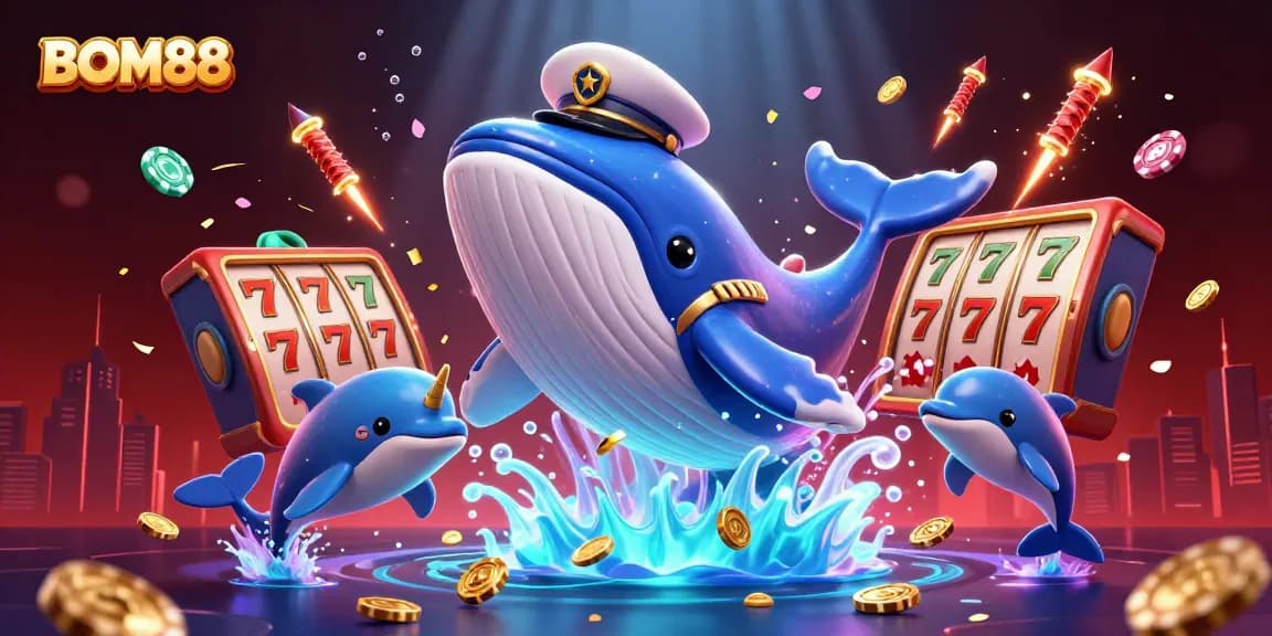 Engage with BOM88's vibrant entertainment scene featuring playful dolphins, a captivating whale, and exciting casino elements.