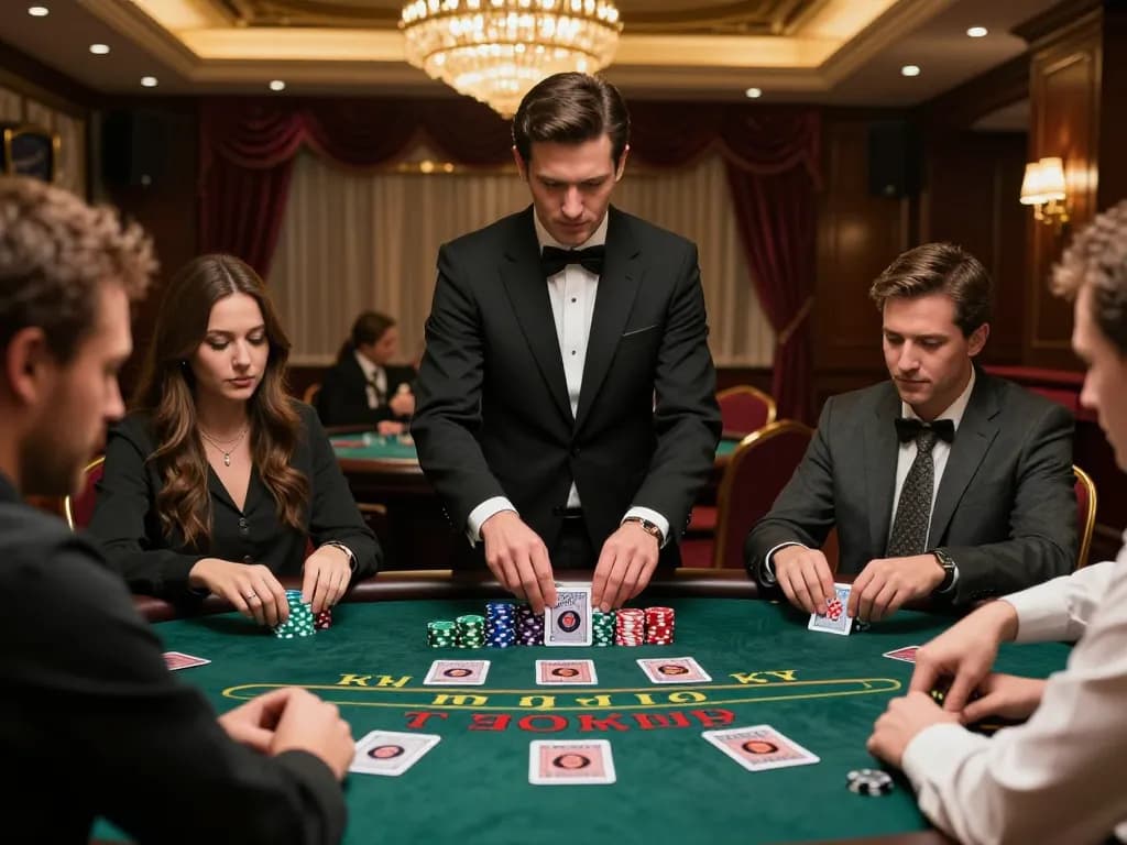Engaged players at HBET's blackjack table strategizing bets in a classy casino