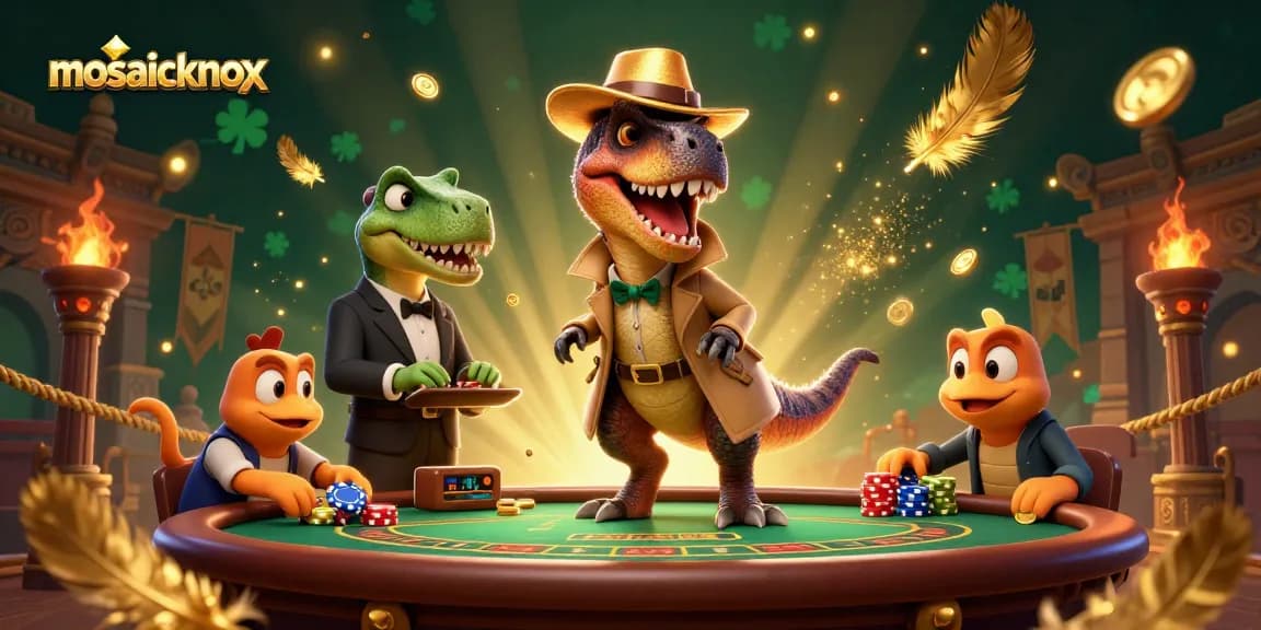 Mosaicknox showcases a playful casino scene with a velociraptor trying to blend in while a stegosaurus supervises the blackjack table.