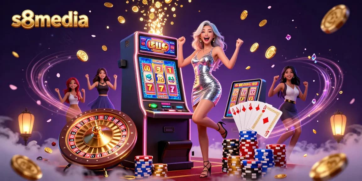 Experience excitement at S8media with a lucky slot machine and celebratory atmosphere.