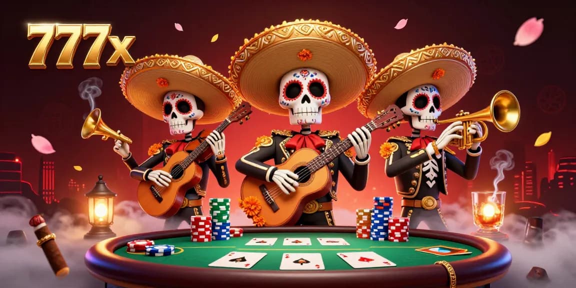 Engage with the vibrant mariachi band at 777x, surrounded by poker action and festive details.