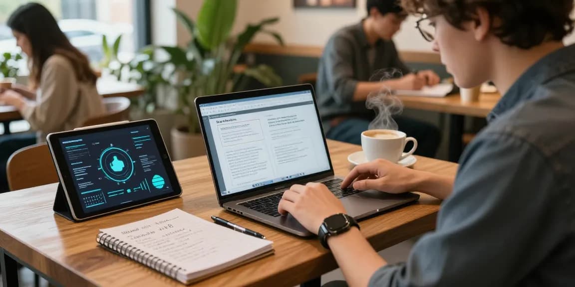 Funexchange user learning about cryptocurrency trading in a coffee shop with digital wallet and blockchain visuals