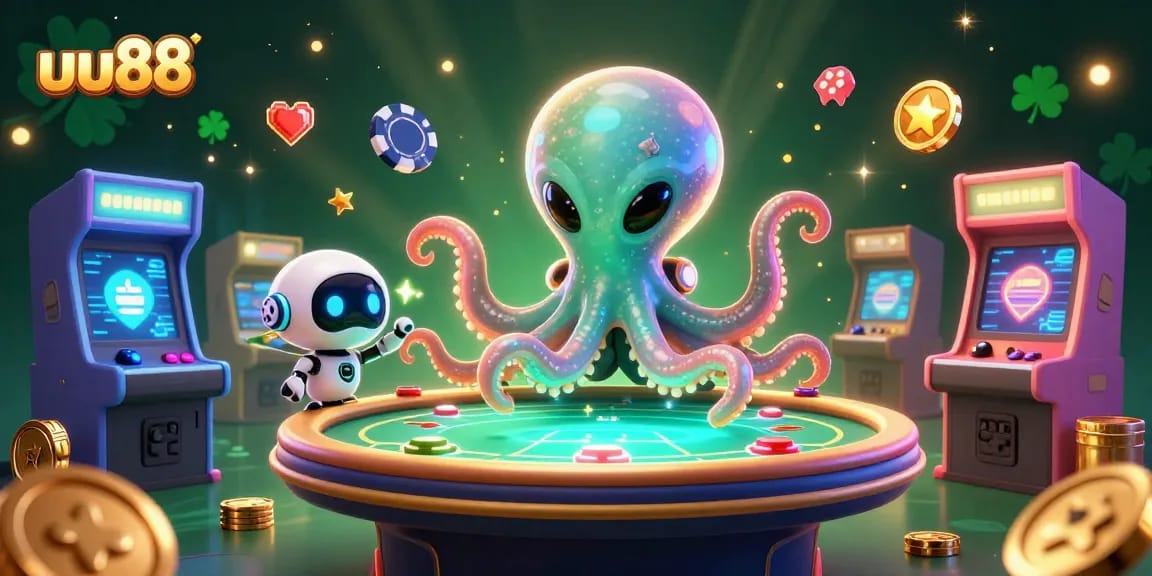 uu88 alien octopus engages in a vibrant poker game amidst glowing arcade machines and jackpot excitement