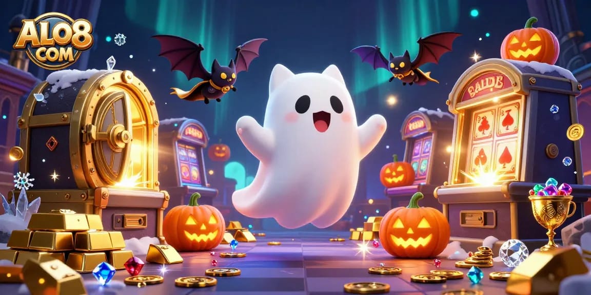 Experience thrilling gameplay at ALO8 COM with a friendly ghost cat and vampire bat in a vibrant casino.