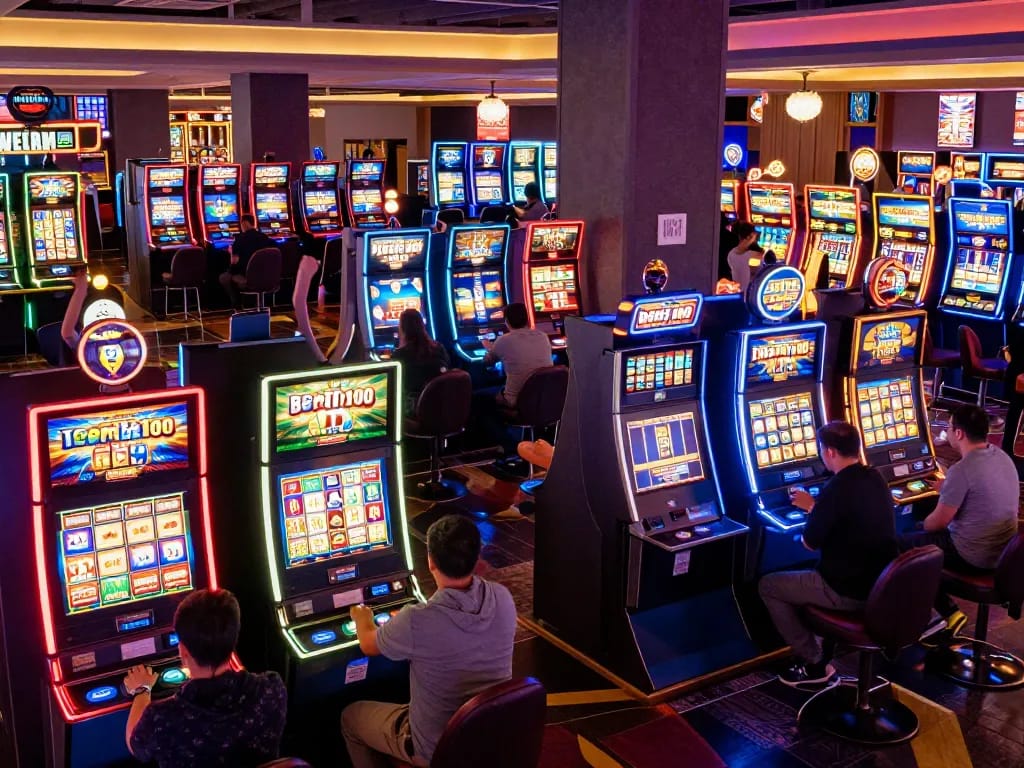 Players enjoying slot bet 100 on colorful machines in a lively casino atmosphere