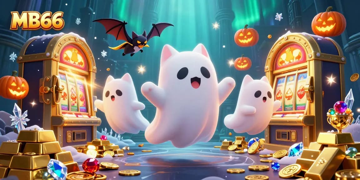 MB66 captures excitement with a ghost cat and vampire bat in a vibrant haunted casino.