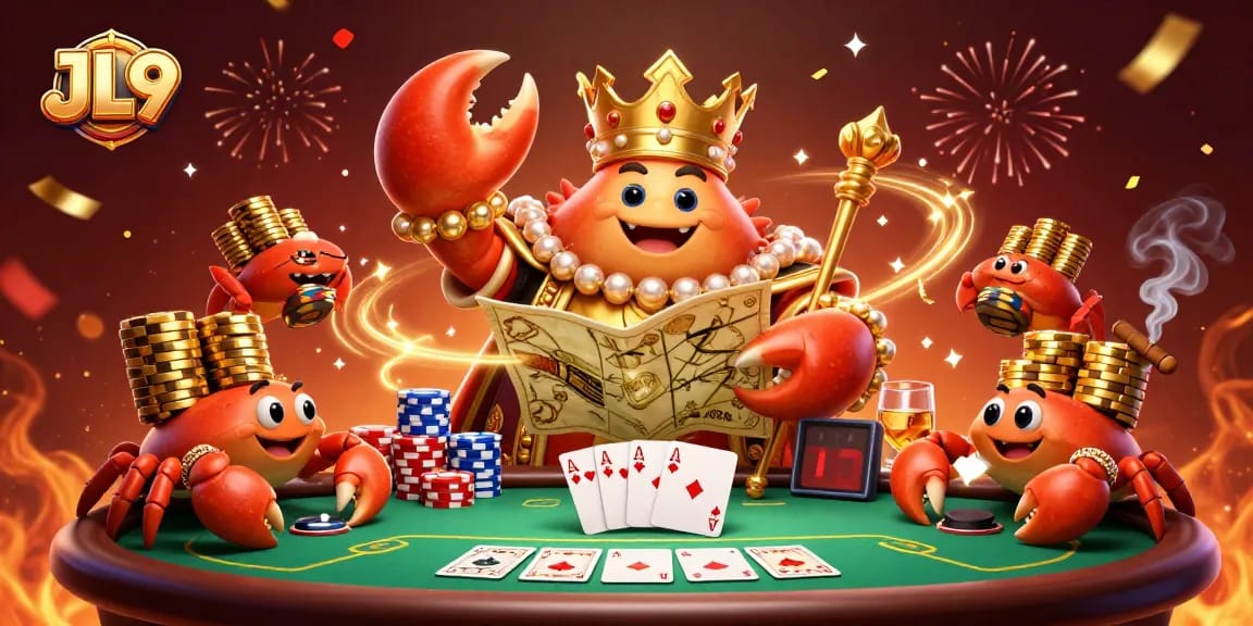 Experience thrilling gameplay at JL9 with a dazzling crab emperor, poker setups, and festive atmosphere.