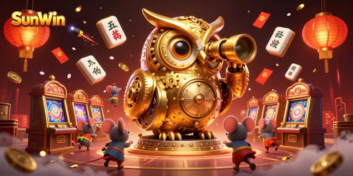 Win big at SunWin with an enchanting scene of a golden owl scanning the casino floor.