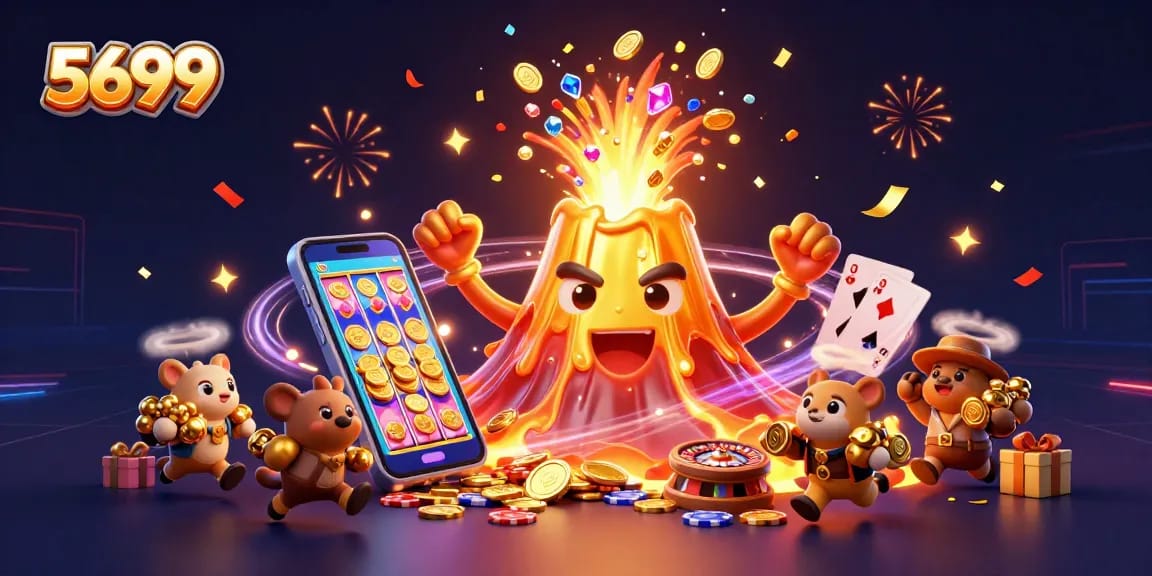 Spin to win with 5699, featuring a golden volcano erupting treasures in a vibrant casino setting.