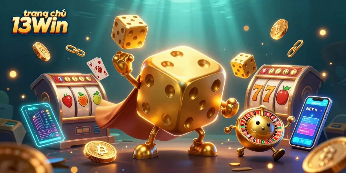 Engage with various games at trang chủ 13Win featuring golden dice, slot reels, and crypto coins.