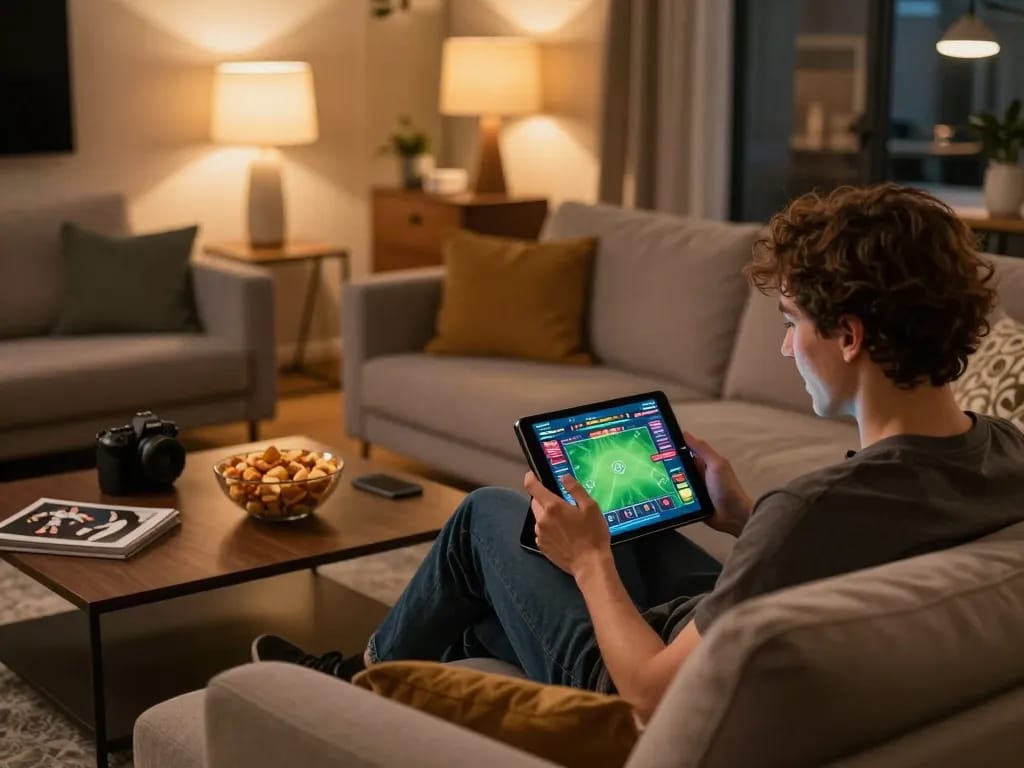 Interagir avec un nouveau site de paris sportif via des paris en ligne sur une tablette dans un salon confortable.