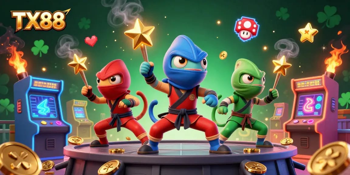 Experience the thrills of TX88 with vibrant 3D casino scenes featuring chameleons and arcade elements.