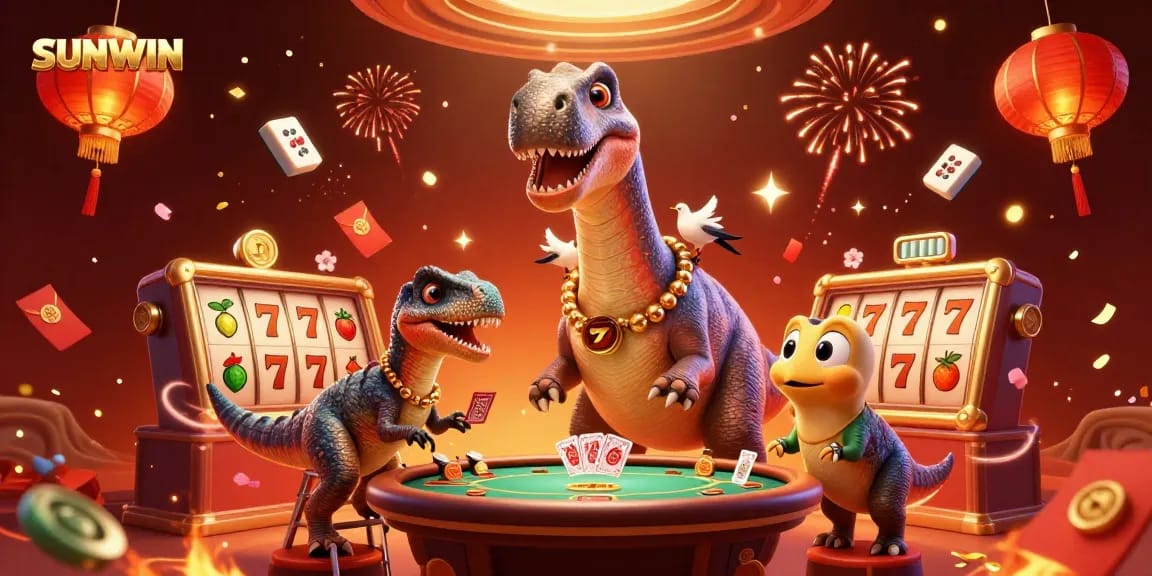SUNWIN promotes excitement with a vibrant casino scene featuring 3D characters and slot games.