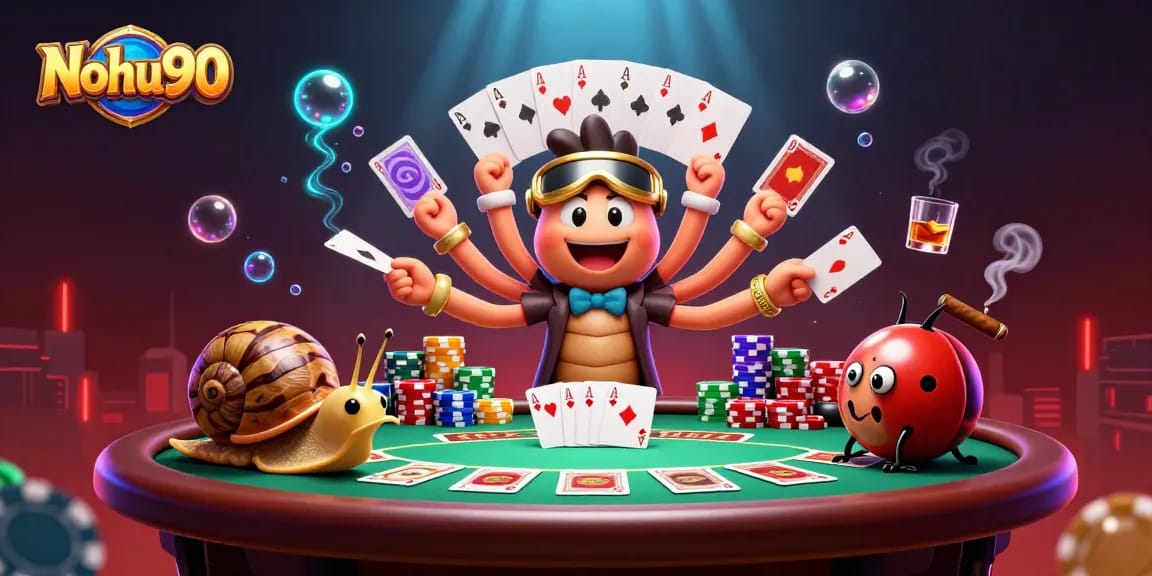 Nohu90 illustrates a vibrant online casino scene with dynamic characters and poker elements.