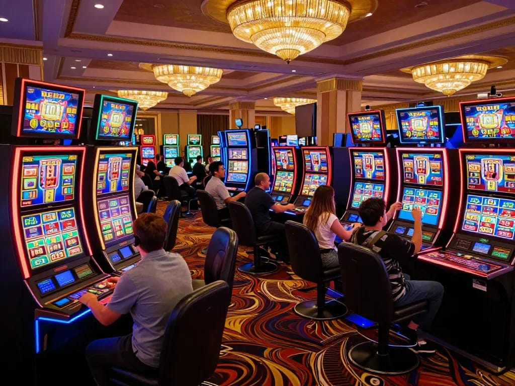 fun79 players celebrating big wins at colorful slot machines in a vibrant casino atmosphere