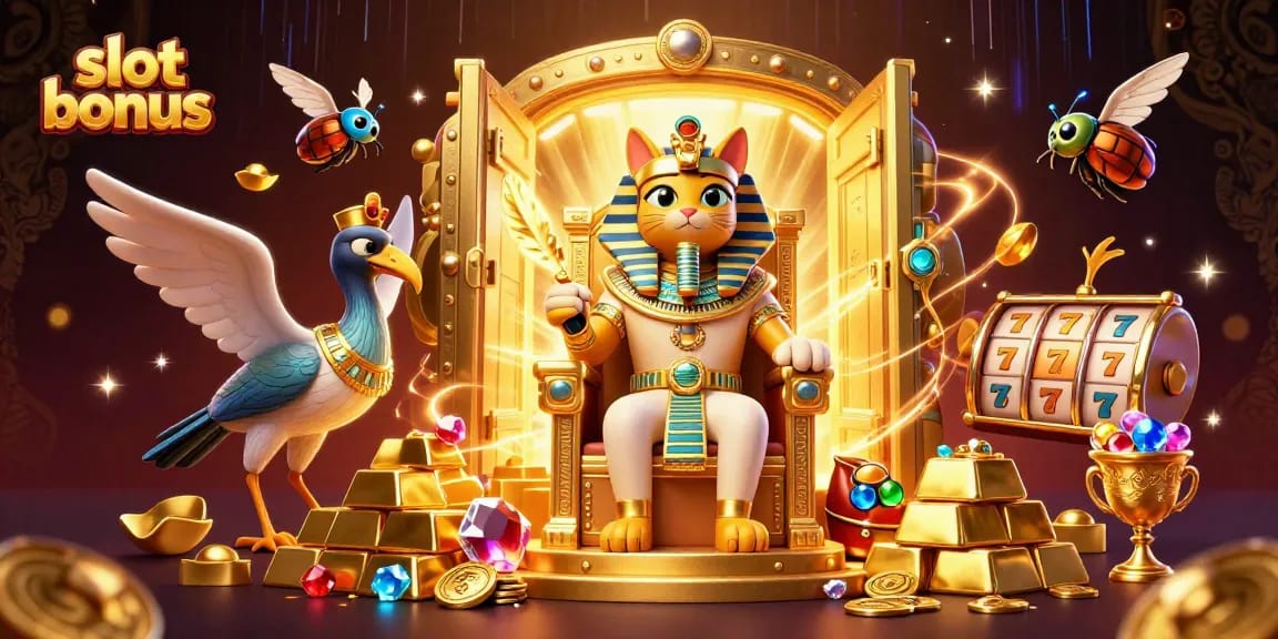 Win big with the slot bonus and golden treasures in this energetic casino illustration.