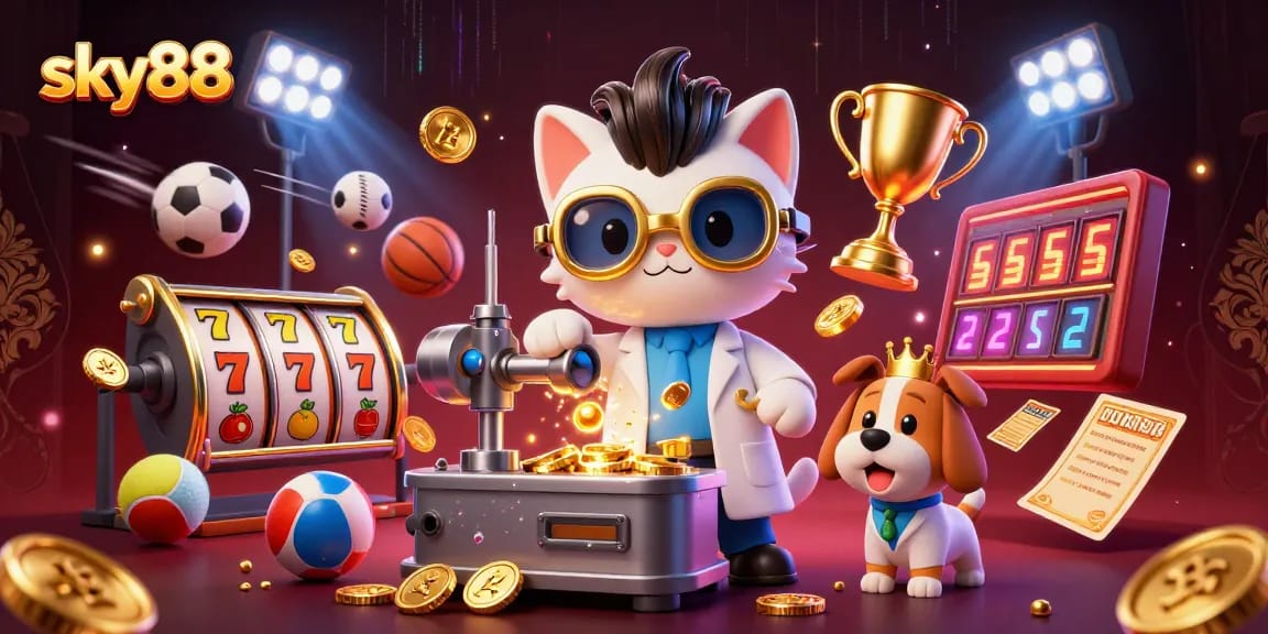 Join the excitement with sky88's thrilling jackpot chase in this dynamic 3D casino scene.