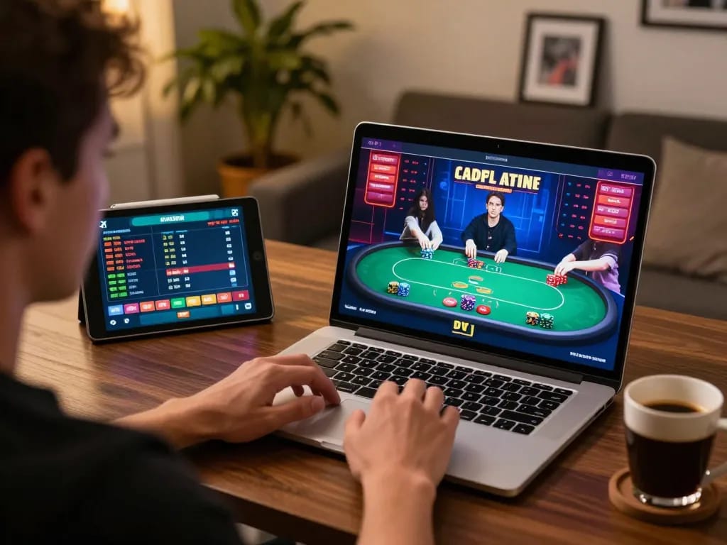 Engaged player strategies using keonhacai on laptop for online poker betting.