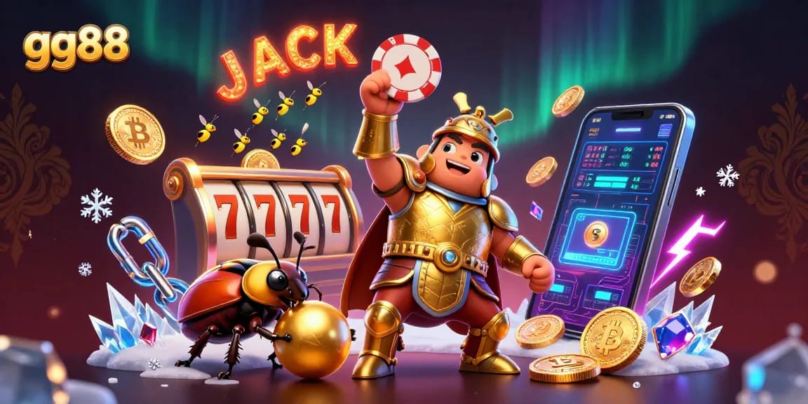 Experience the excitement of gg88 with a cartoon hercules beetle celebrating a jackpot in a vibrant casino scene.