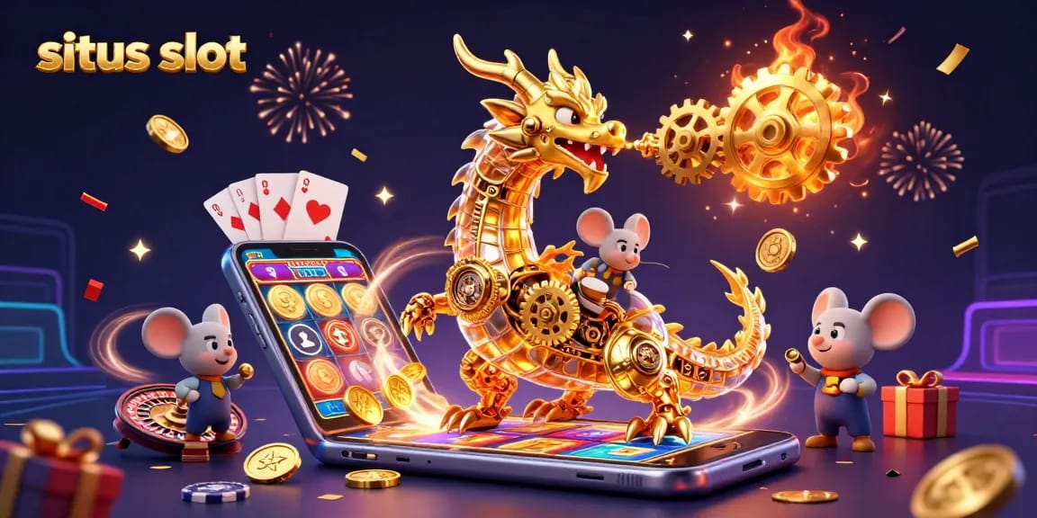 Mainkan situs slot dengan mesin slot dan naga emas mekanis yang menarik.