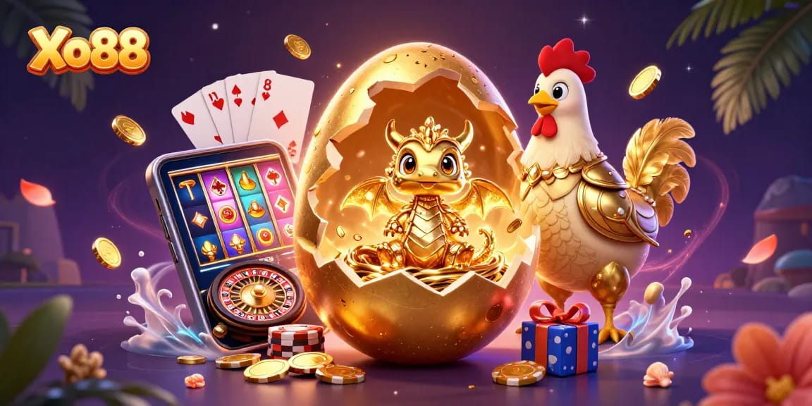 Xo88 showcases a thrilling scene with a golden dragon, poker chips, and dynamic casino elements