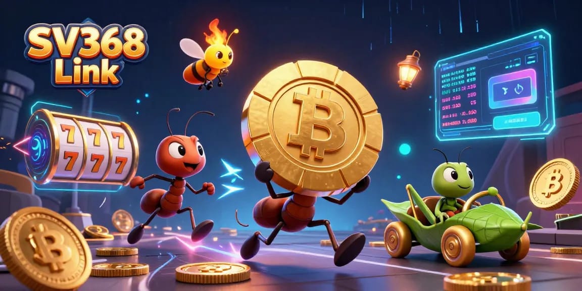 Celebrate the excitement of gambling with the SV368 Link illustrated scene featuring ants carrying a giant poker chip amidst neon-lit elements.
