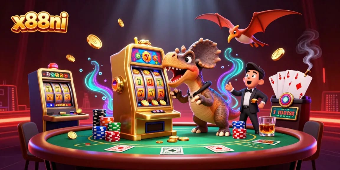 Experience jackpot excitement with x88ni as dinosaurs engage in a thrilling casino adventure.