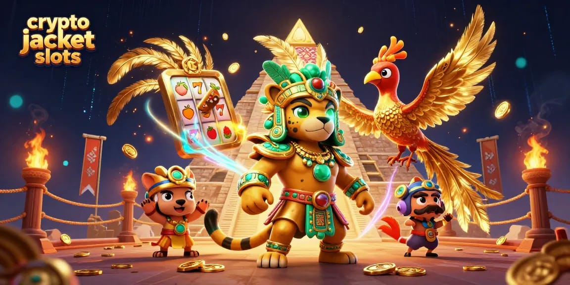 Experience thrilling crypto jackpot slots with vibrant characters and dynamic casino elements.