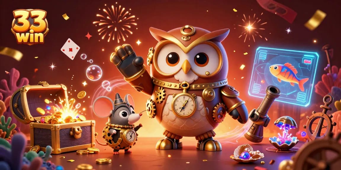 Immerse in the vibrant 33 win casino scene where steampunk owl guides treasure hunters through dynamic games.