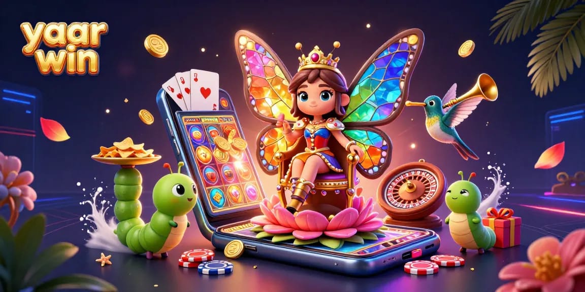Spin vibrant slots and celebrate wins with yaar win in this 3D casino fantasy scene.